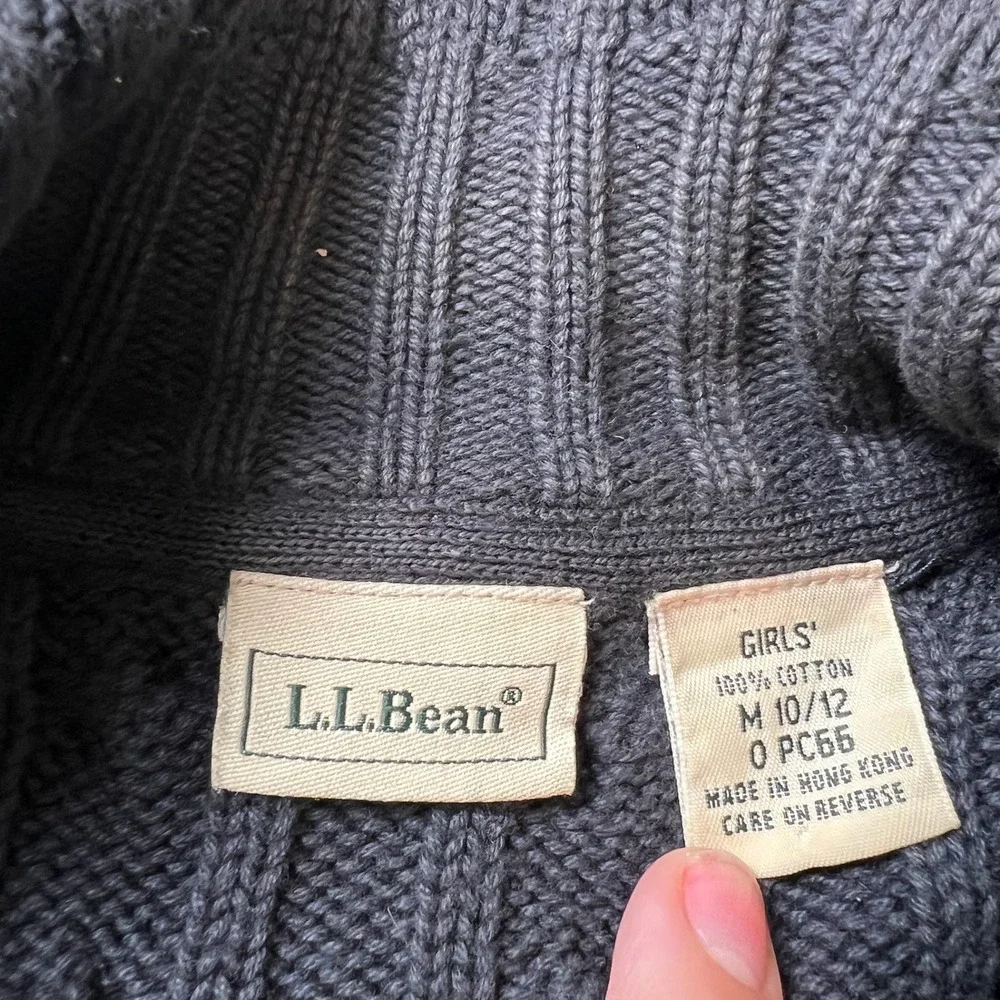 LL Bean Cardigan Sweater Girls M 10/12 Gray Cable Knit Full Zip Mock‎ Neck AE39